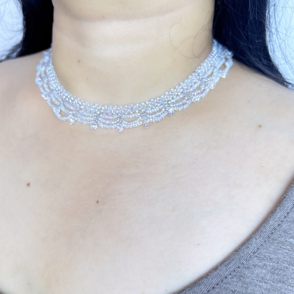 Handmade All White Multi-Layer Scallop Wave Lace Beaded Choker Necklace | Bridal Wedding Fairycore Collar