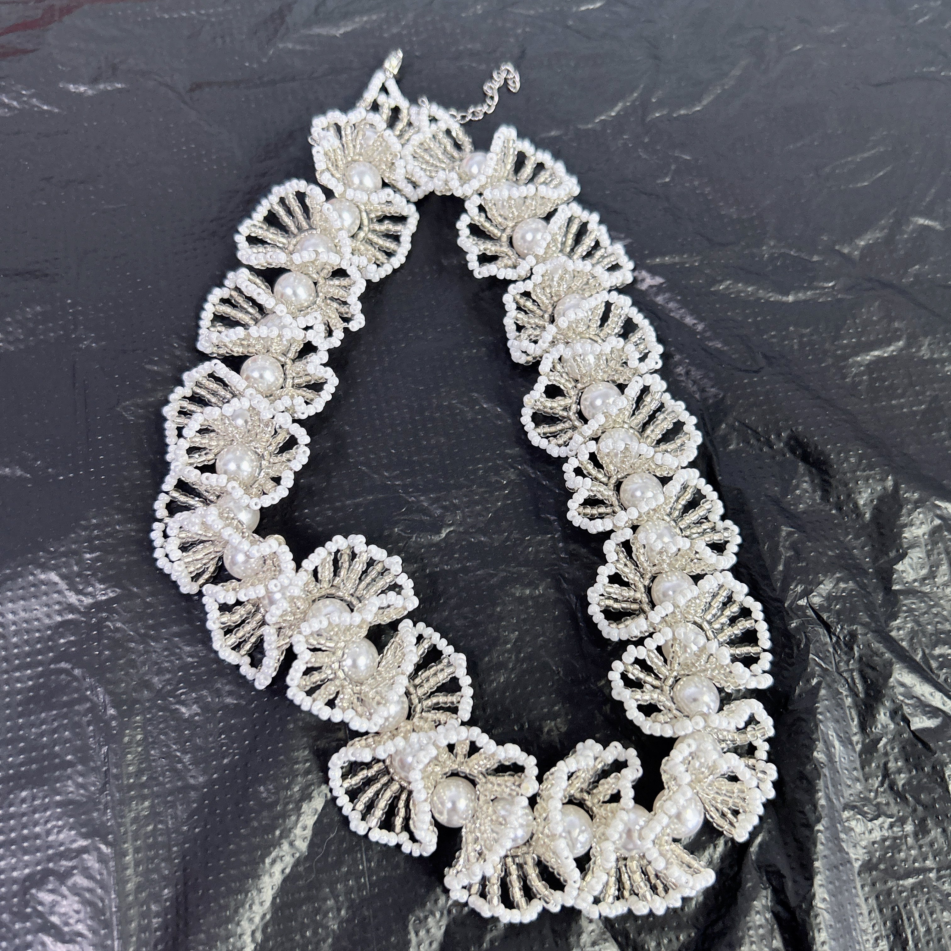 Handmade White & Silver 3D Flower Garland Choker Necklace | Pearl Center Bridal Wedding Statement Collar