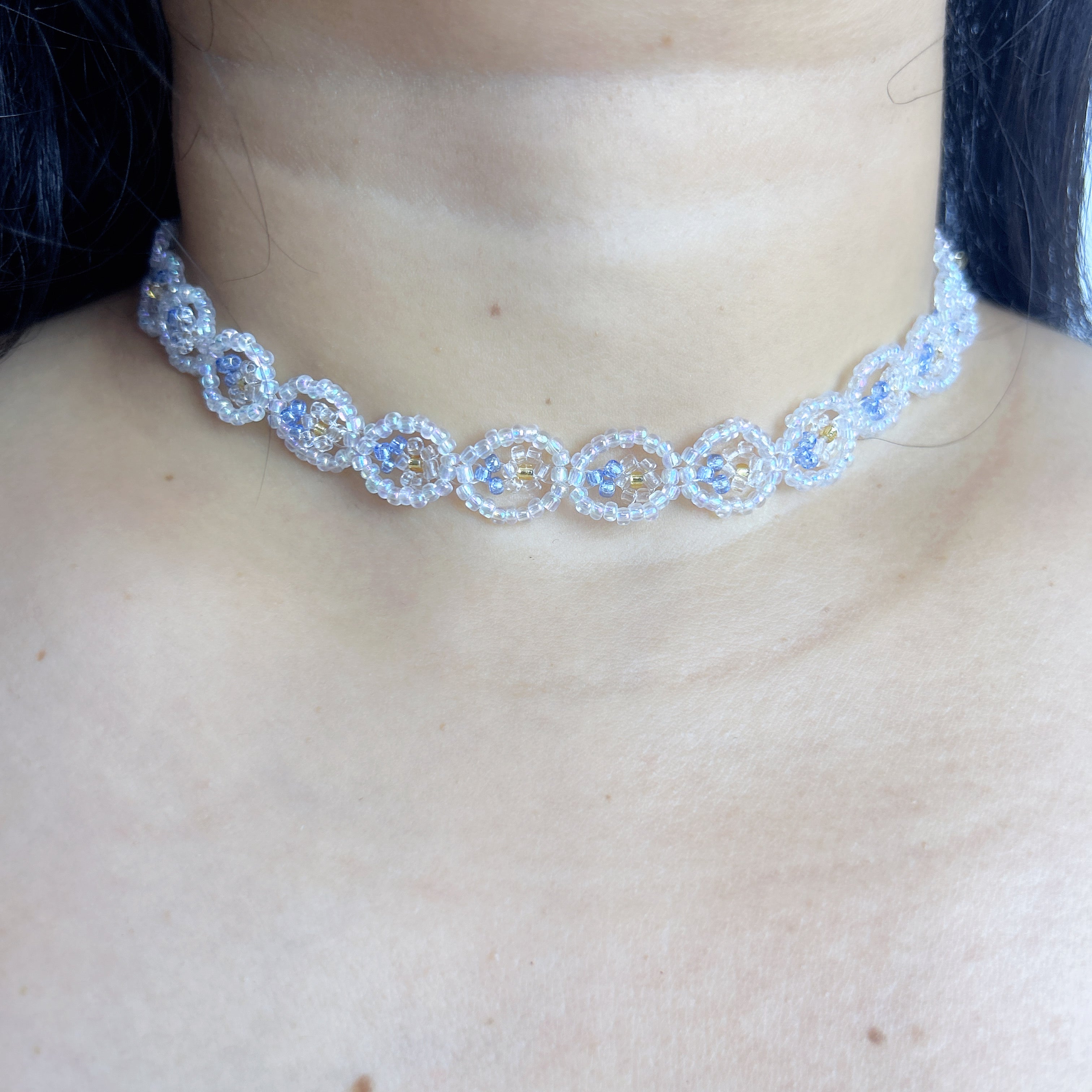Handmade White Silver Floral Circle Beaded Choker Necklace | Lace Daisy Chain Bridal Collar
