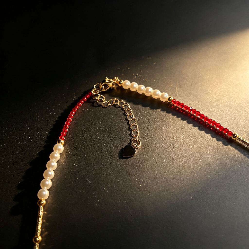 Handmade Red Crystal & Pearl Choker Necklace | Gold Tube Spacer Heart Charm Extender