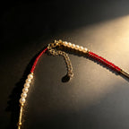 Handmade Red Crystal & Pearl Choker Necklace | Gold Tube Spacer Heart Charm Extender