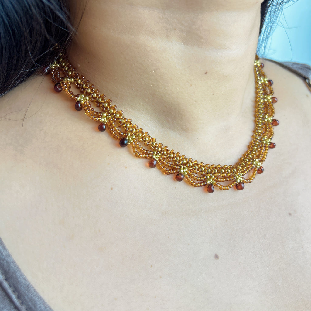 Handmade Gold & Brown Multi-Layer Wave Lace Beaded Choker Necklace | Brown Bead Drop Fringe Vintage Luxe Collar