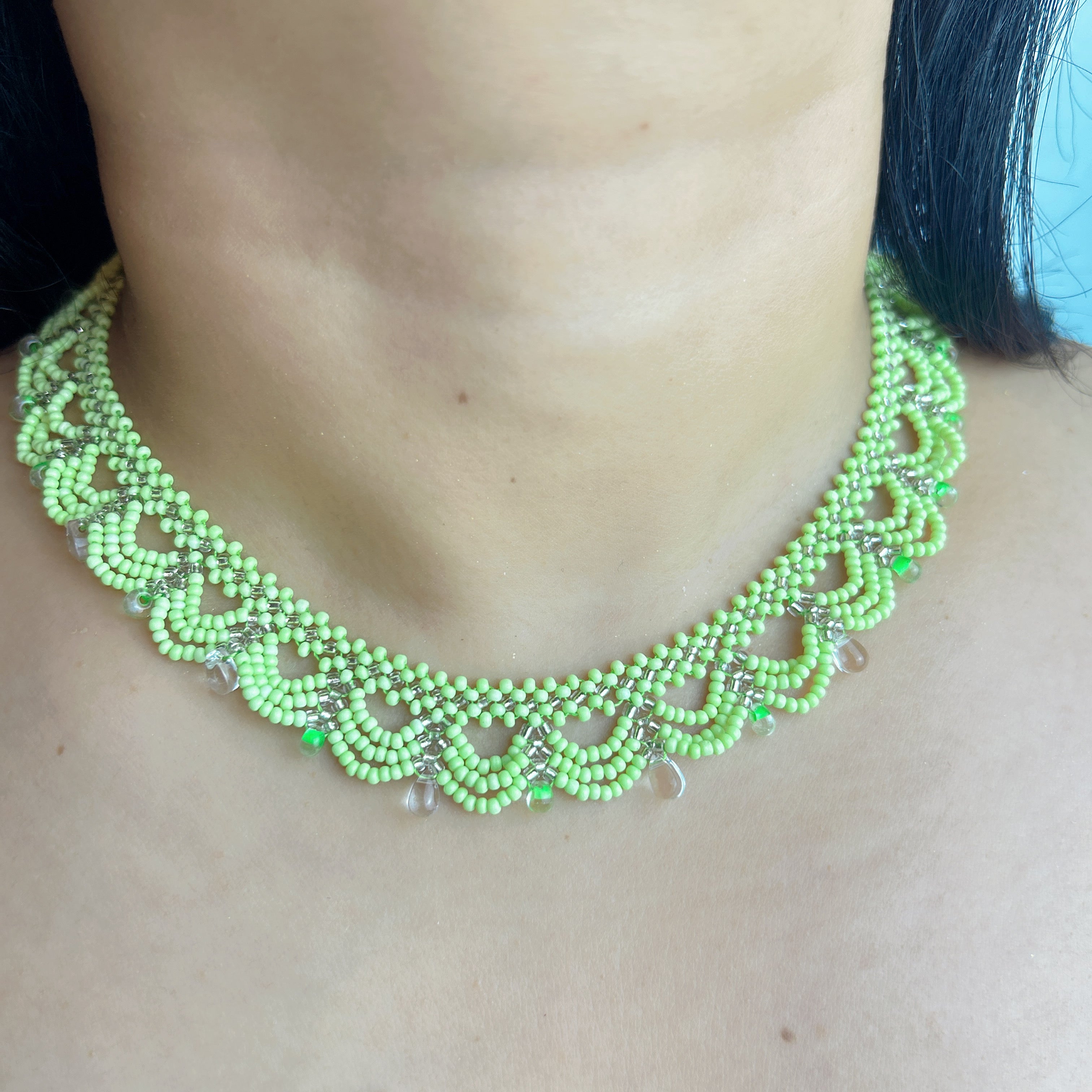 Handmade Apple Green & White Multi-Layer Scallop Wave Lace Beaded Choker Necklace | Bead Drop Fringe Spring Cottagecore Collar