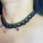 Handmade Black Multi-Layer Wave Lace Beaded Choker Necklace | AB Crystal Teardrop Drop Gothic Fairycore Collar