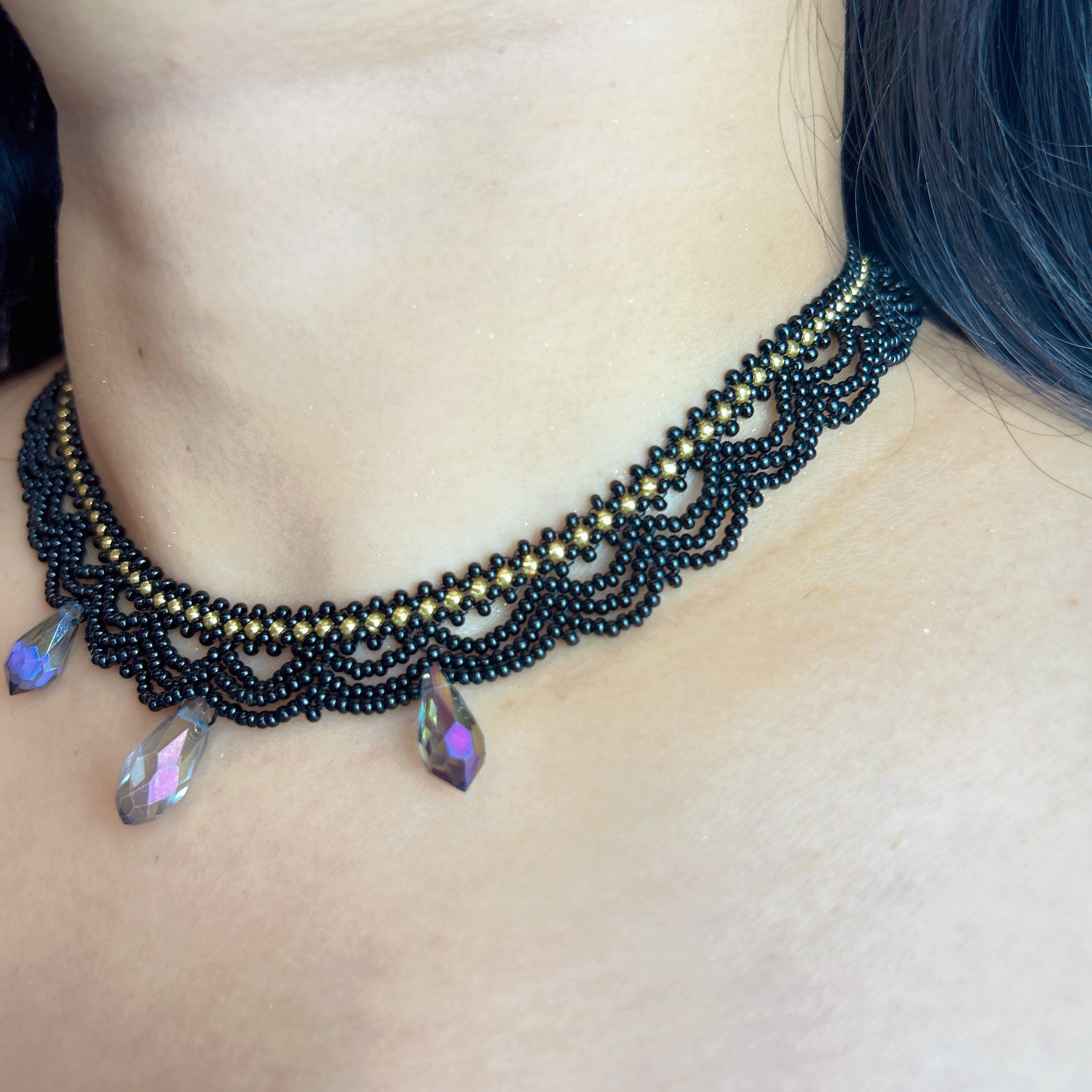 Handmade Black Multi-Layer Wave Lace Beaded Choker Necklace | AB Crystal Teardrop Drop Gothic Fairycore Collar