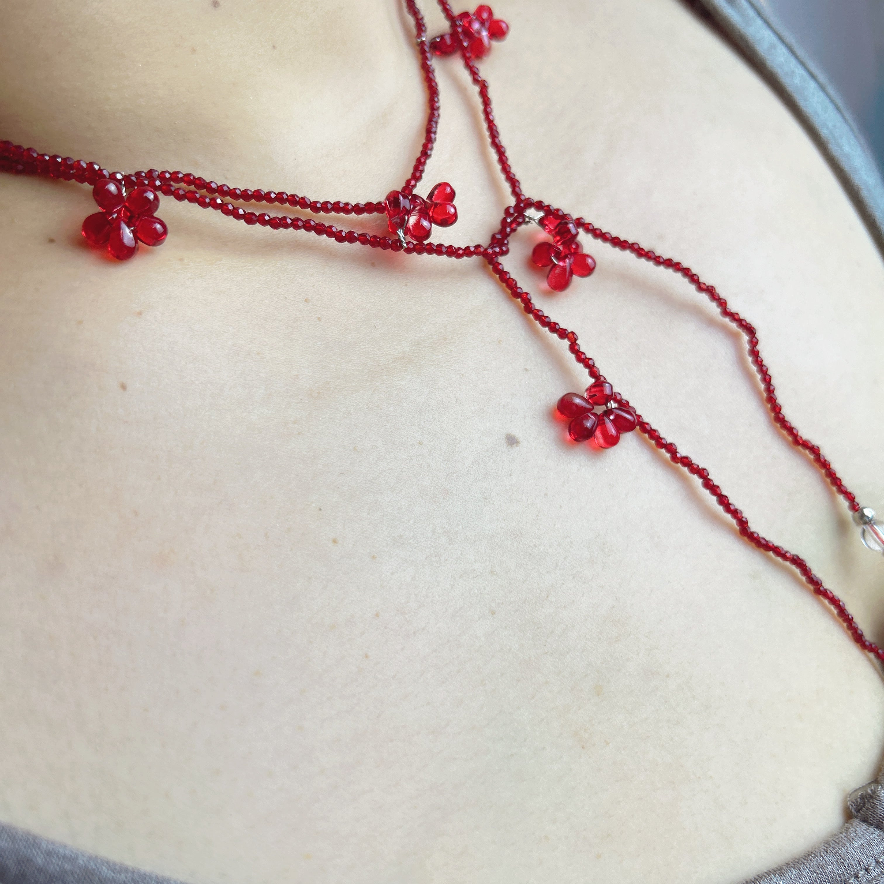Handmade Deep Red Seed Bead Long Wrap Necklace | Scattered Flower Bead Crystal Drop Lariat Boho Statement