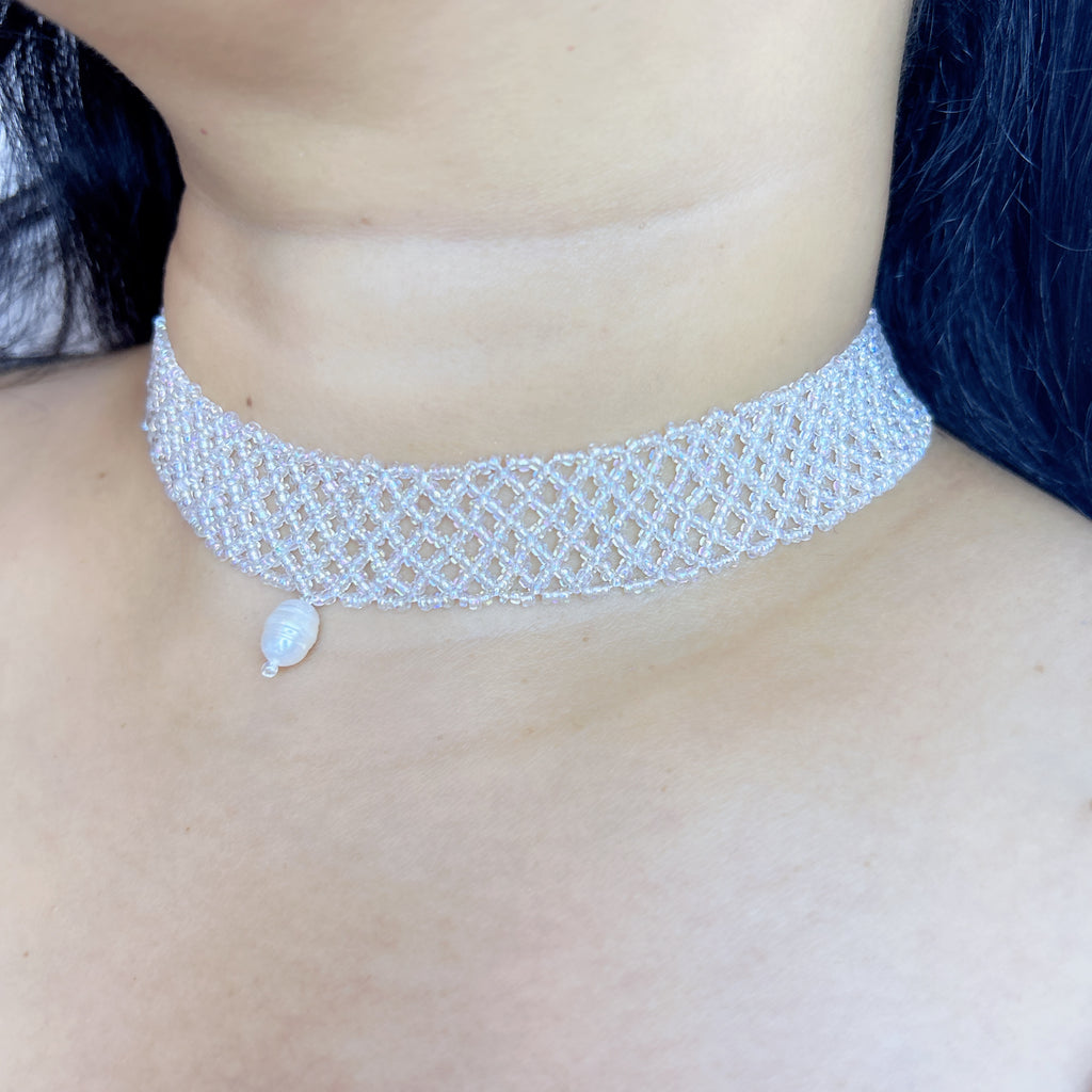 Handmade White Transparent Diamond Mesh Beaded Choker Necklace | Heart Pearl Drop Y2K Minimalist Collar