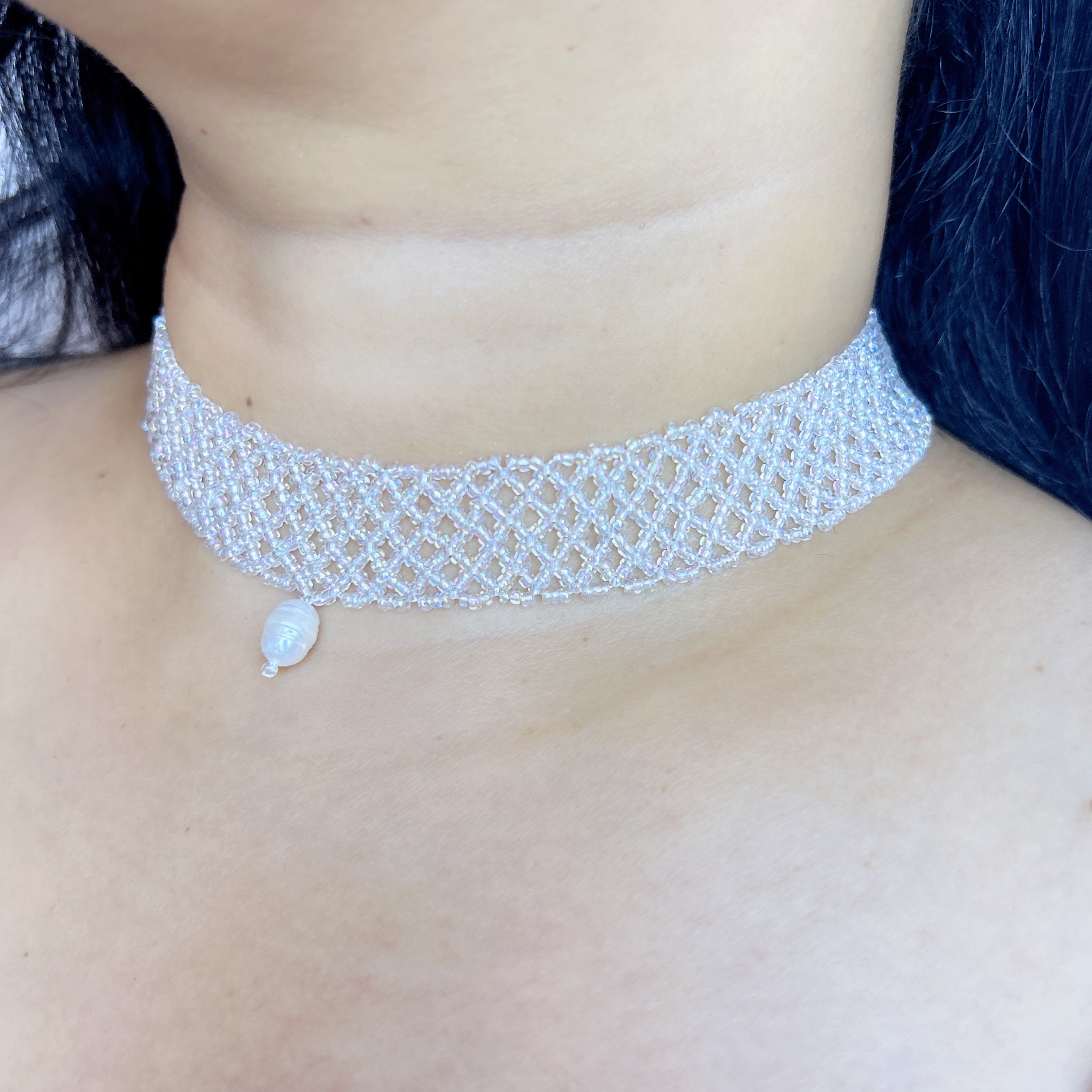 Handmade White Transparent Diamond Mesh Beaded Choker Necklace | Heart Pearl Drop Y2K Minimalist Collar
