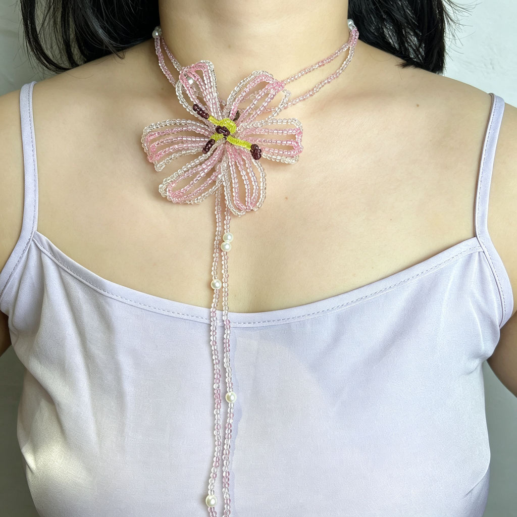 Handmade 3D Pink Hibiscus Flower Beaded Choker Necklace | Asymmetric Pearl Tassel Drop Fairycore Statement