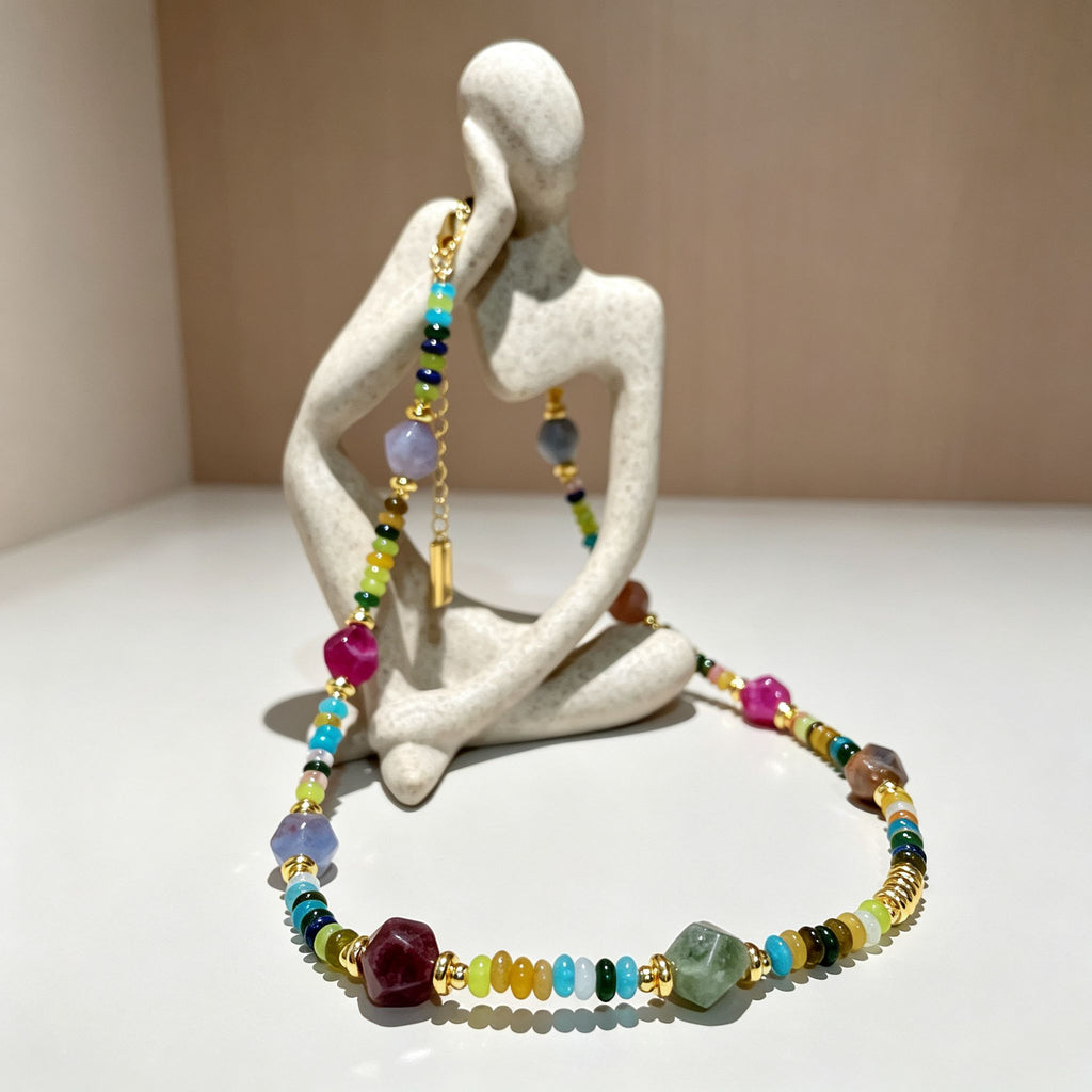 Handmade Multicolor Natural Stone Beaded Necklace | Agate Jasper Faceted Gem Gold Spacer Boho