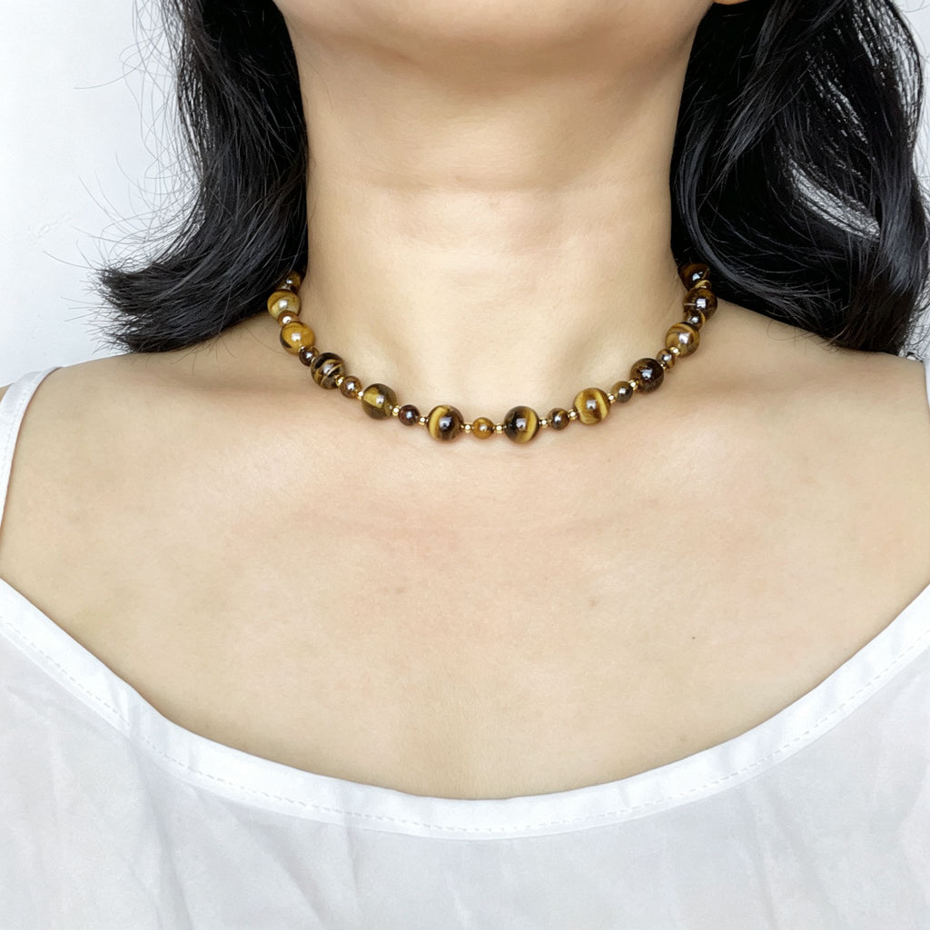 Handmade Graduated Tiger Eye Bead Choker Necklace | Natural Stone Gold Spacer