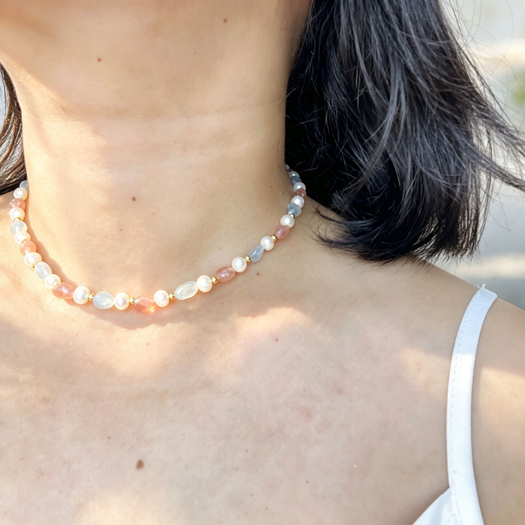 Handmade Morganite Pearl & Aquamarine Mixed Stone Choker Necklace | Pastel Pink Blue Gold