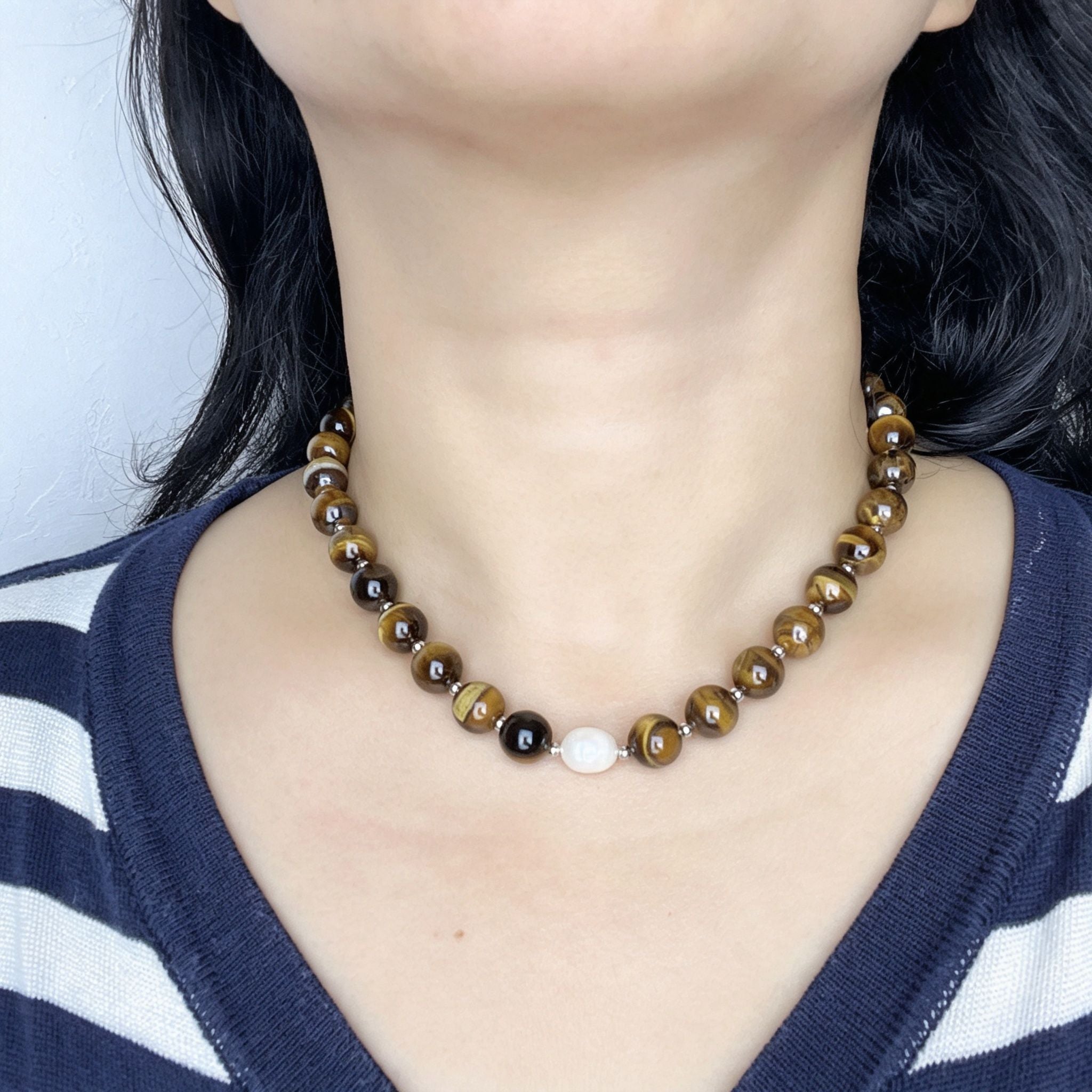 Handmade Tiger Eye Baroque Pearl Statement Necklace | Natural Stone Jewelry