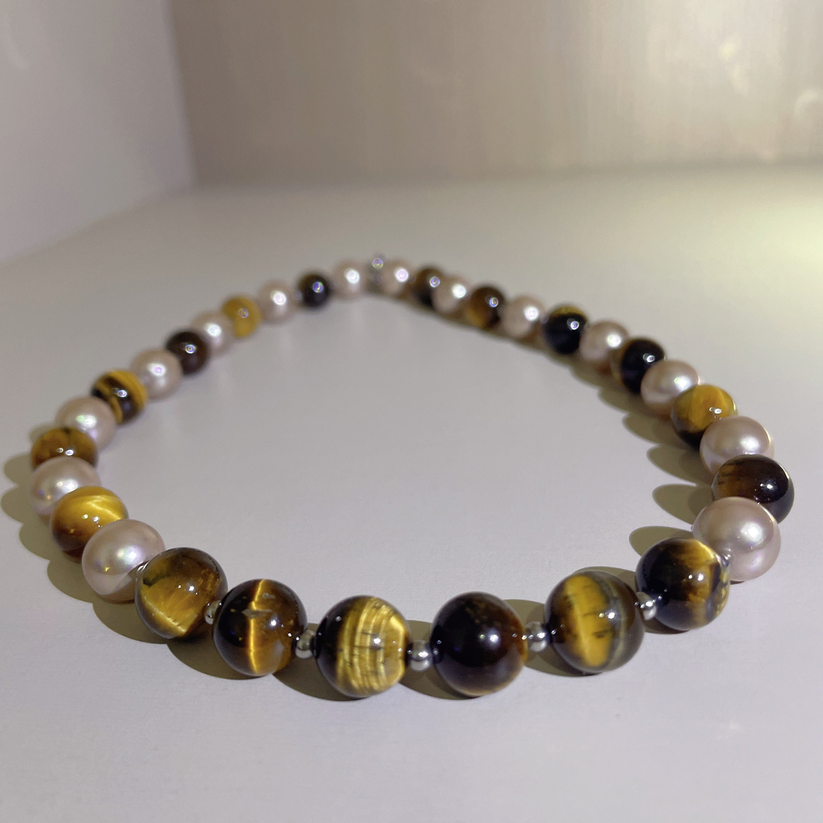 Handmade Tiger Eye & Pink Freshwater Pearl Choker Necklace | Natural Stone Gold Spacer