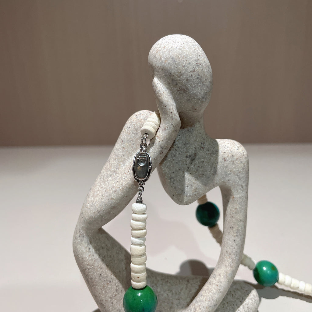 Handmade White Shell Heishi & Green Agate Choker Necklace | Blue Bead Tropical Beach Boho Collar