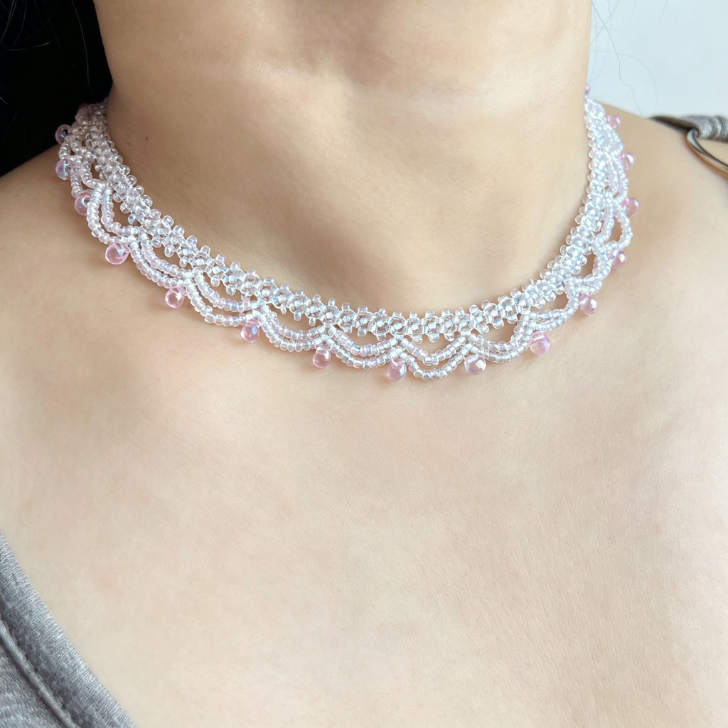 Handmade White & Blush Pink Lace Scallop Beaded Choker Necklace | Bridal Seed Bead Collar