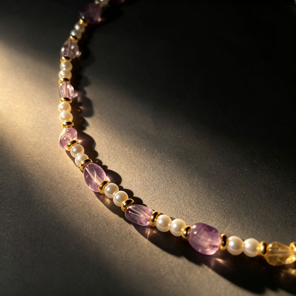 Handmade Amethyst Tumbled Stone & Pearl Choker Necklace | Gold Spacer Natural Stone Jewelry