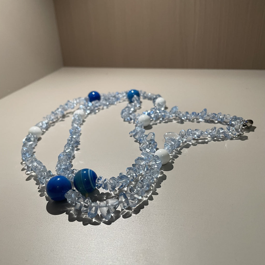 Handmade Crystal Chip & Blue Agate Bead Long Necklace | Wrap Choker Style