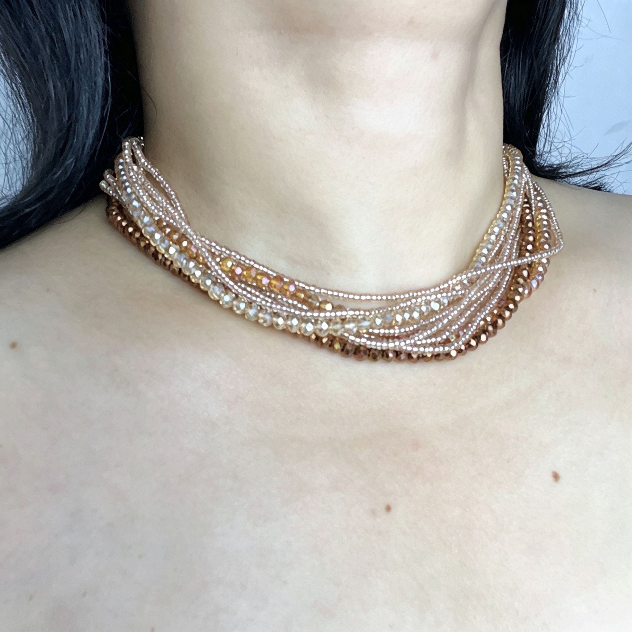 Handmade Multi-Strand Gold Crystal Twisted Choker Necklace | Champagne Layered Statement Collar