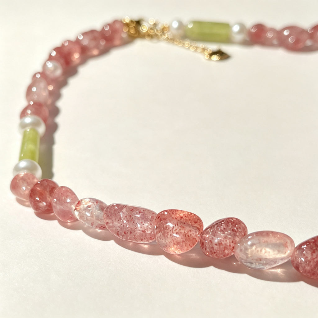 Handmade Strawberry Quartz & Green Jade Tube Pearl Necklace | Gold Lobster Clasp Heart Charm