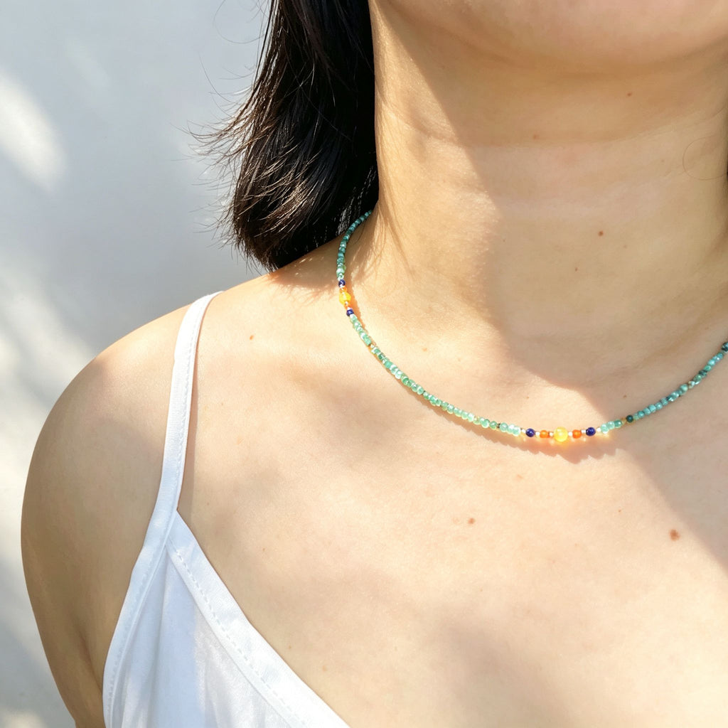 Handmade Mint Green Seed Bead Choker Necklace | Orange Agate Navy Blue Gold Accent