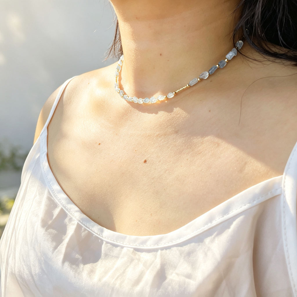Handmade Aquamarine Chip Stone Choker Necklace | Gold Round & Tube Spacer Heart Charm Extender