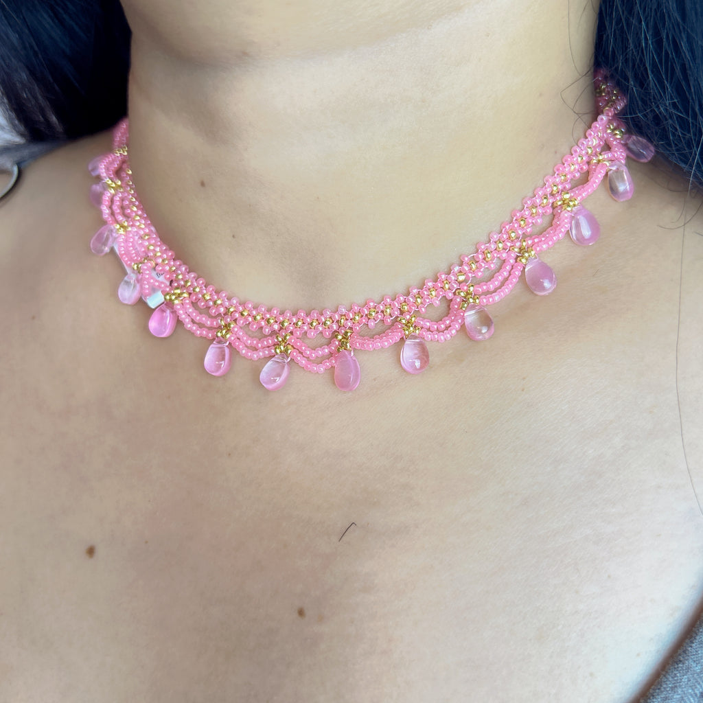 Handmade Pink & Gold Wave Lace Beaded Choker Necklace | Pink Crystal Teardrop Drop Fringe Y2K Princess Collar