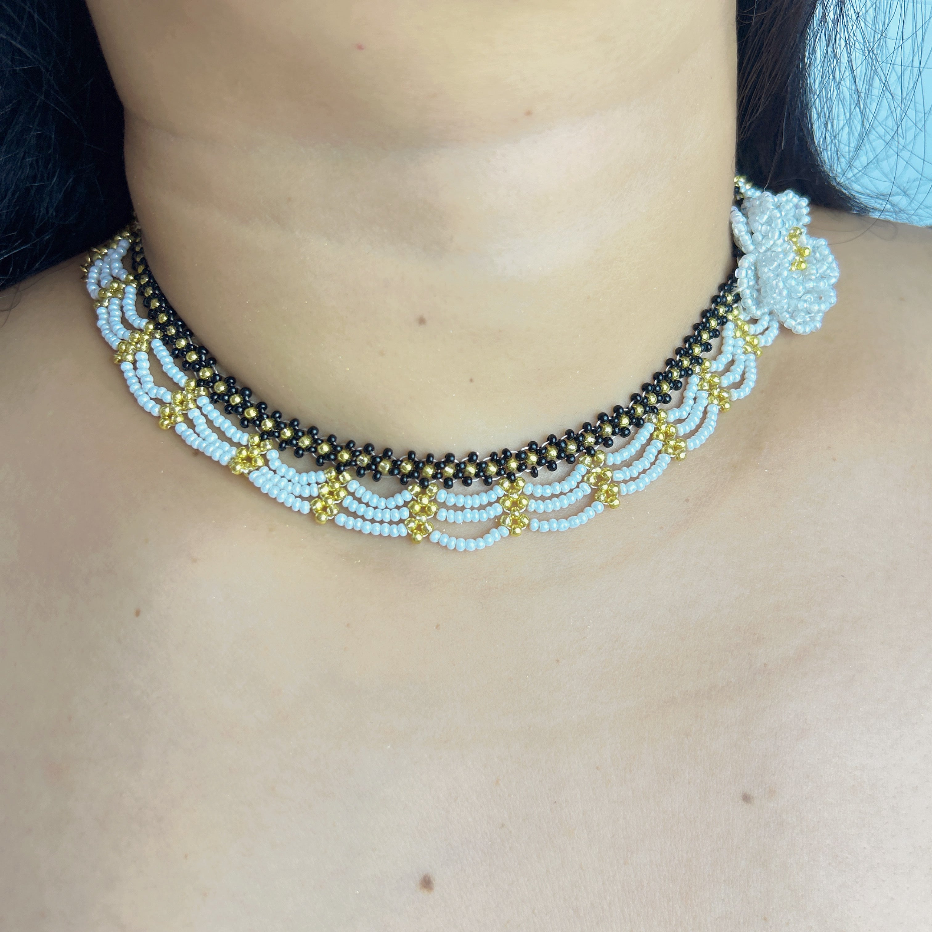Handmade Black & White Wave Lace Beaded Choker Necklace | 3D White Rose Center Yellow-Green Stamen Cottagecore
