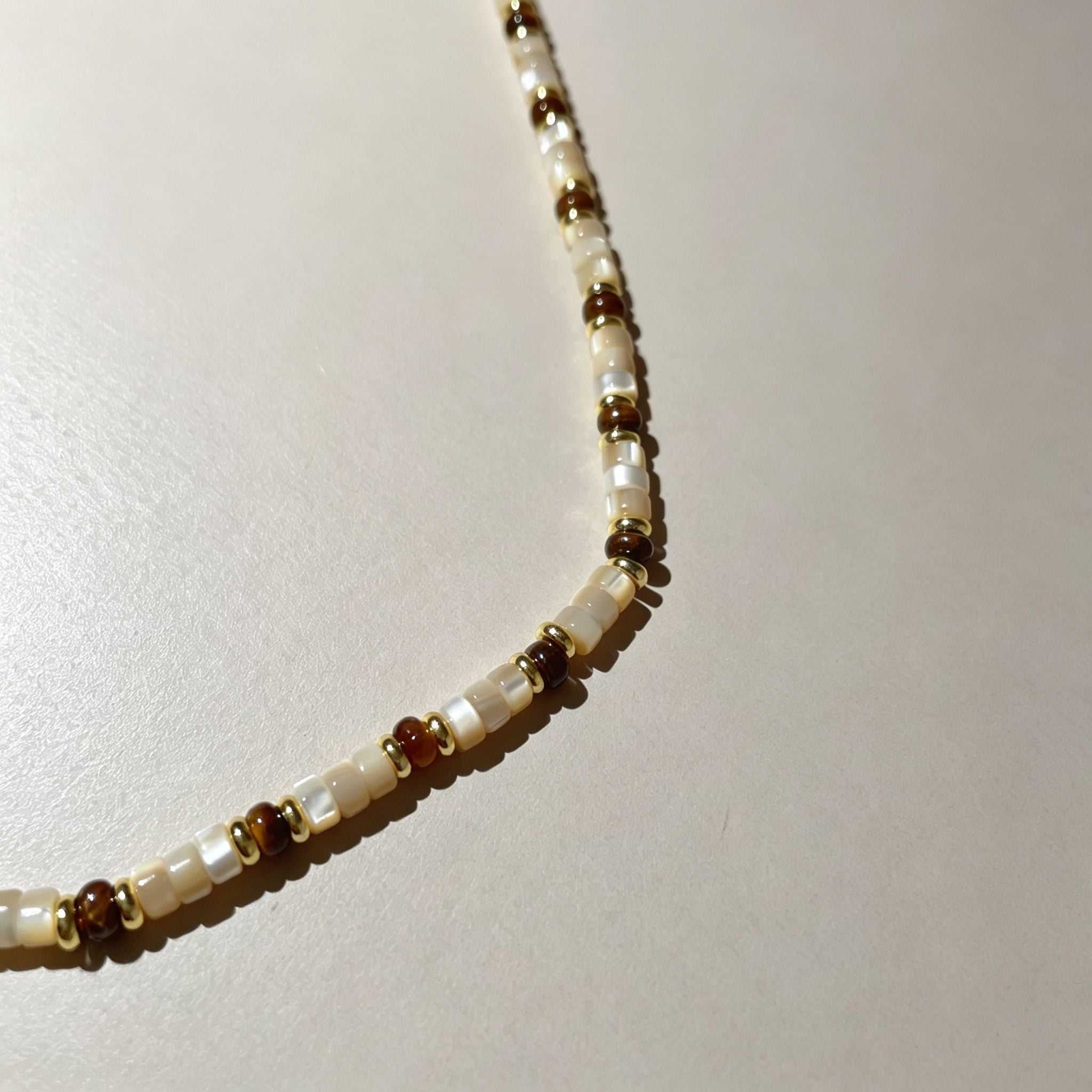 Handmade Cream Seed Bead & Gold Metal Bead Choker Necklace | Minimalist Everyday Jewelry