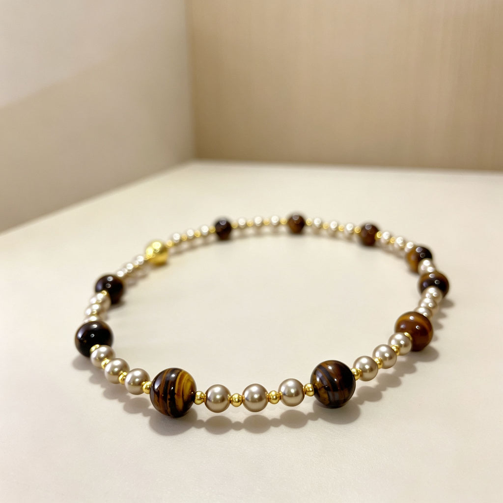 Handmade Tiger Eye & Metal Bead Choker Necklace | Natural Stone Silver Gold Spacer