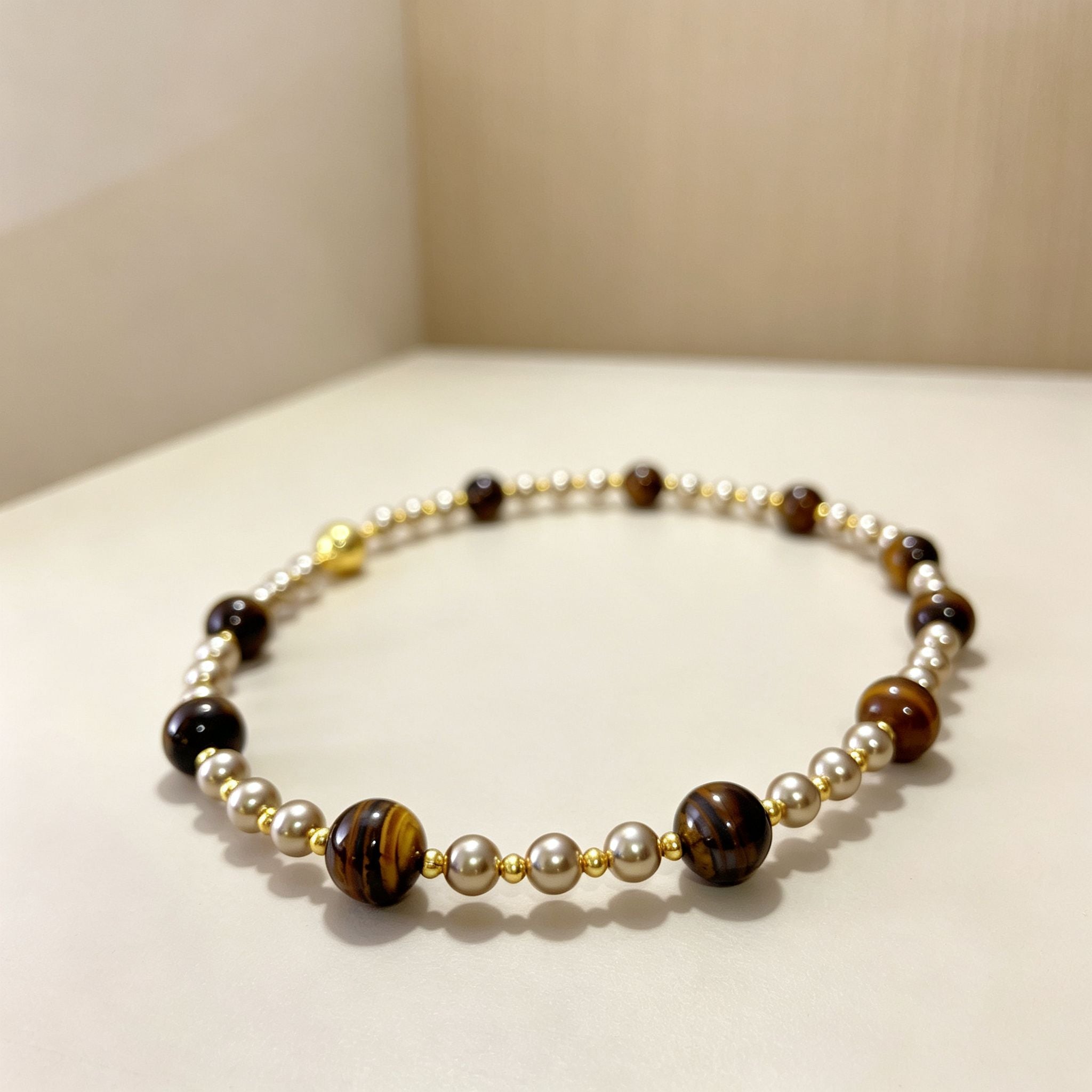 Handmade Tiger Eye & Metal Bead Choker Necklace | Natural Stone Silver Gold Spacer