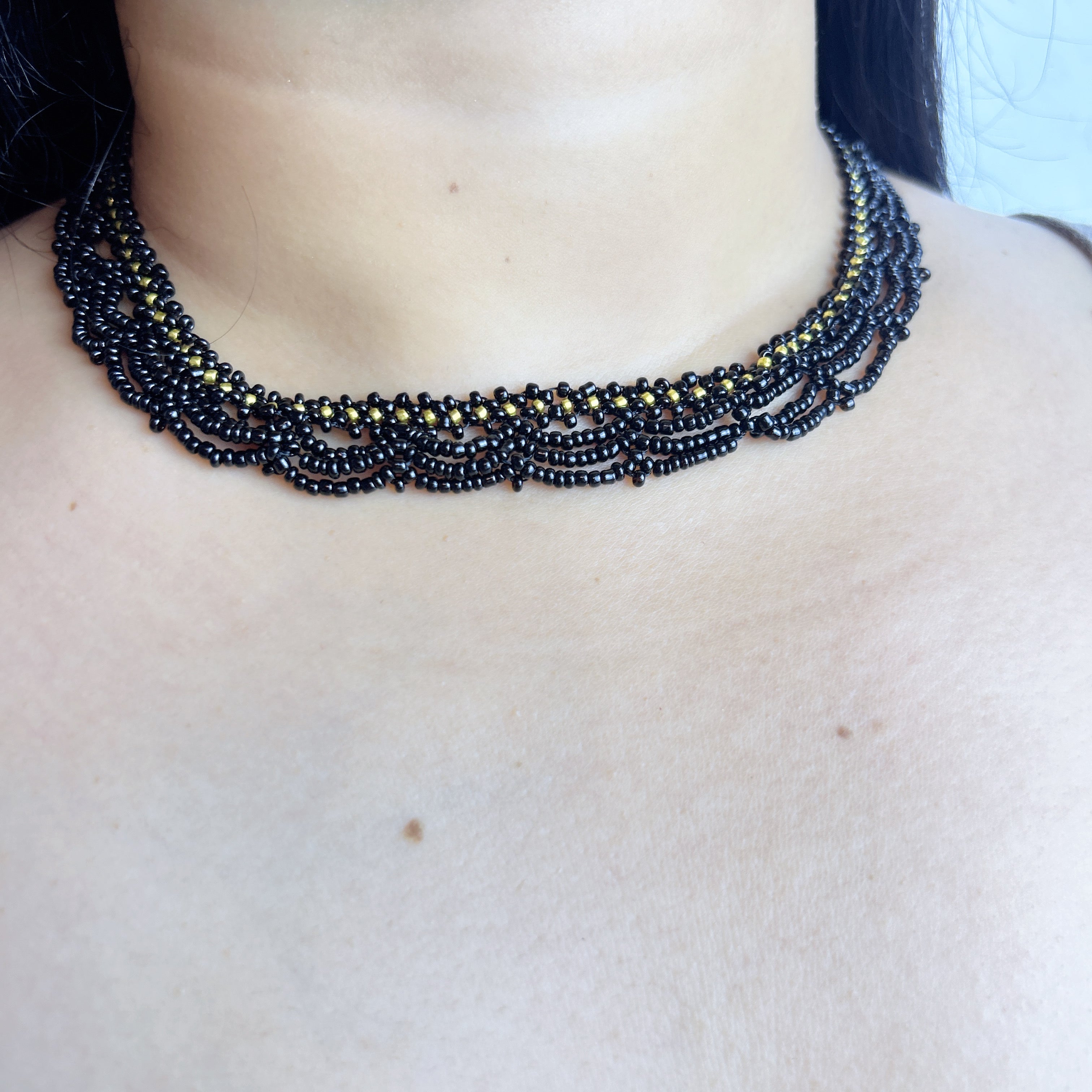 Handmade Black & Olive Green Multi-Strand Drape Wave Beaded Choker Necklace | Gothic Vintage Luxe Statement Collar