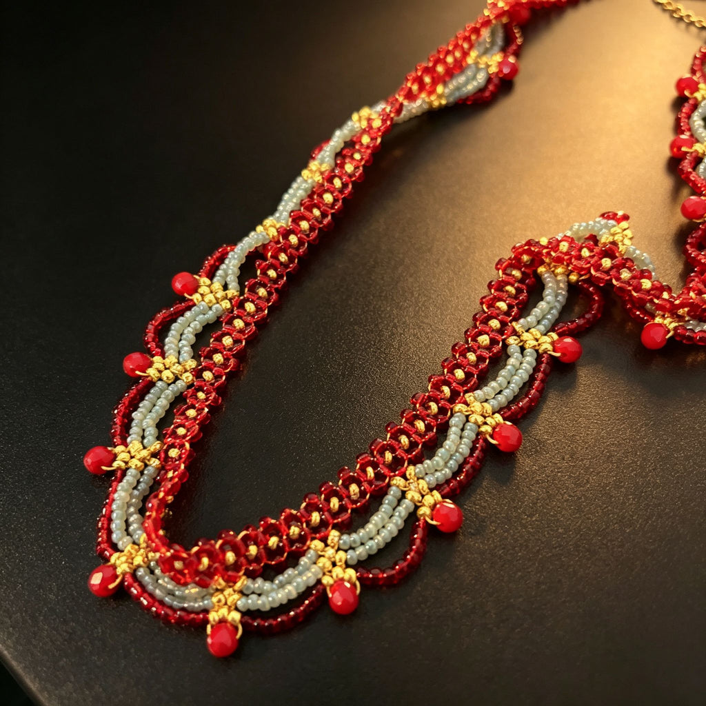 Handmade Red Silver & Gold Double Scallop Beaded Choker Necklace | Luxe Wide Collar Statement