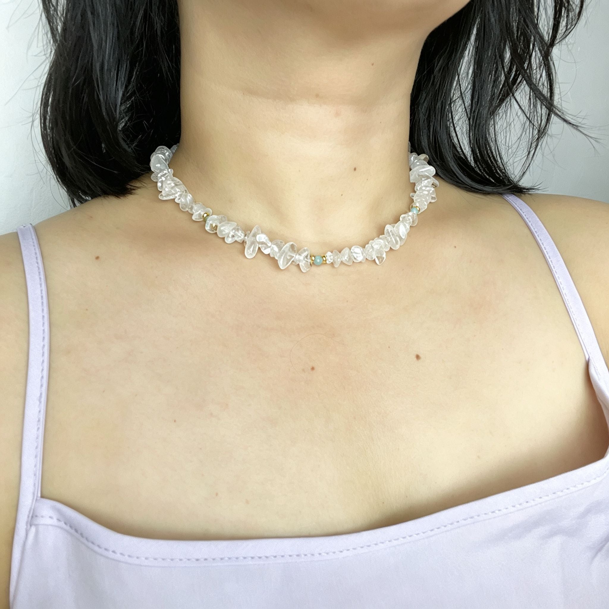 Handmade Clear Quartz Crystal Chip Stone Choker Necklace | Raw Natural Stone Light Blue Gold Accent