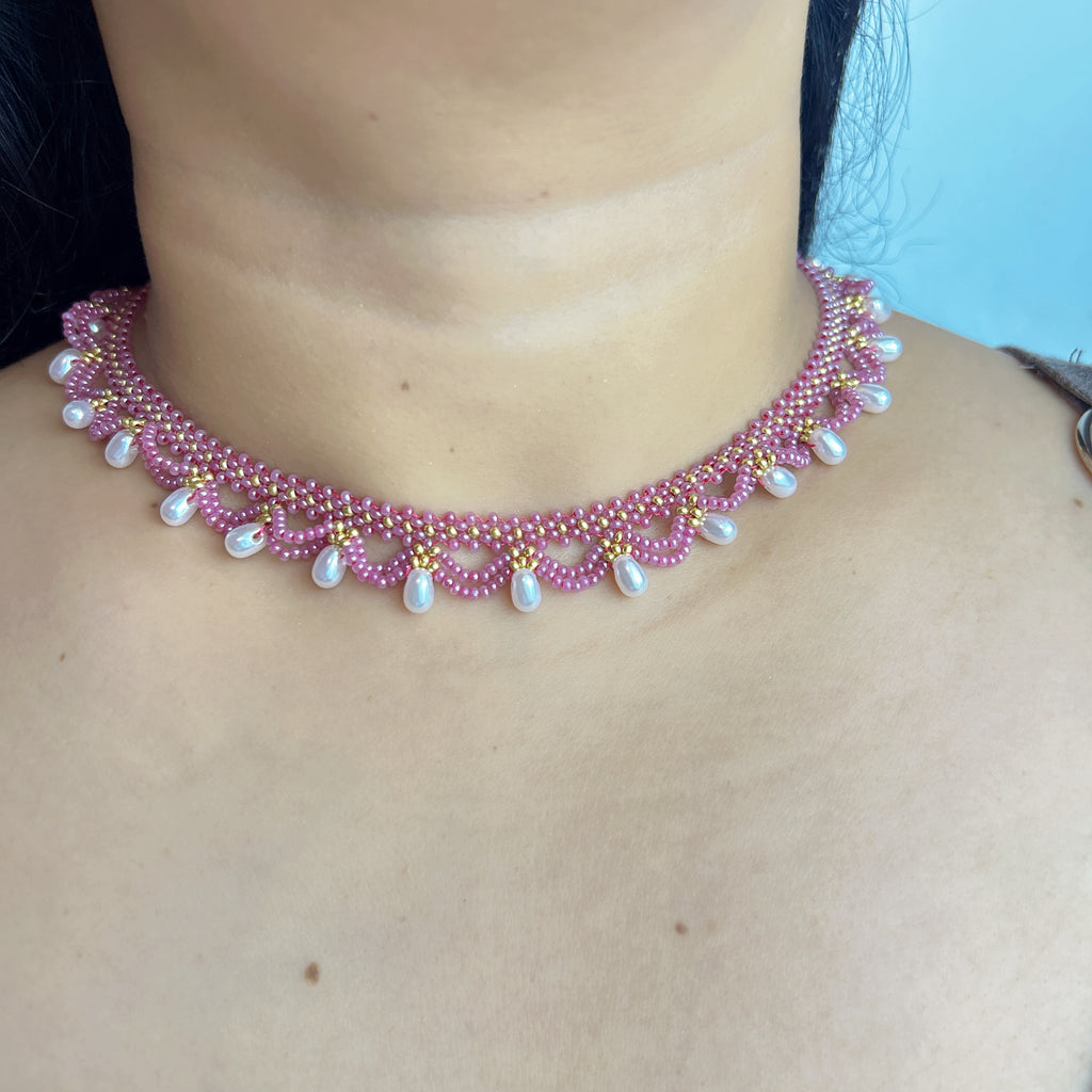 Handmade Rose Pink & Gold Wave Lace Beaded Choker Necklace | Freshwater Pearl Drop Fringe Romantic Collar