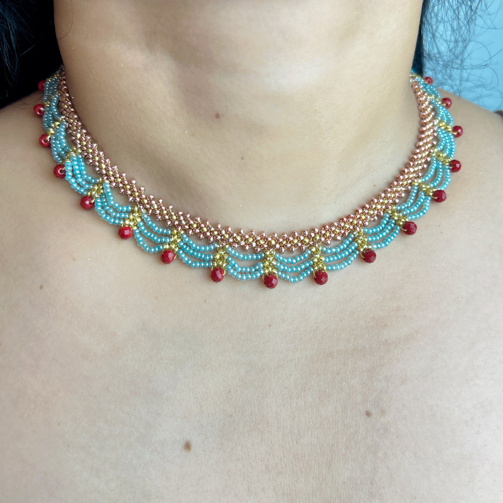 Handmade Rose Gold & Sky Blue Scallop Beaded Choker Necklace | Red Bead Drop Boho Wide Collar