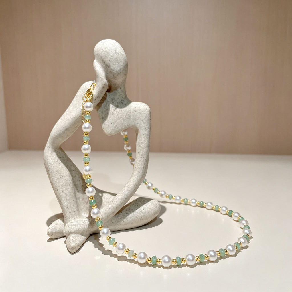 Handmade Pearl & Sage Green Seed Bead Choker Necklace | Gold Spacer Elegant Jewelry