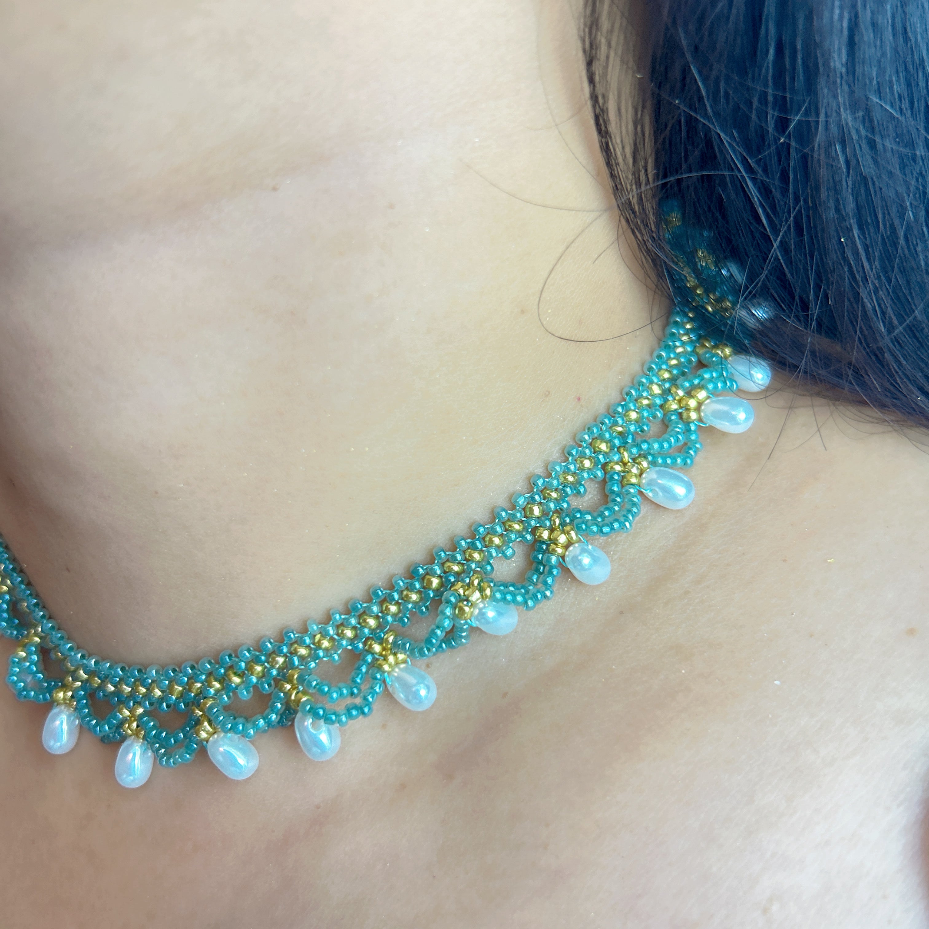 Handmade Teal & Yellow-Green Wave Lace Beaded Choker Necklace | Freshwater Pearl Drop Fringe Ocean Boho Collar