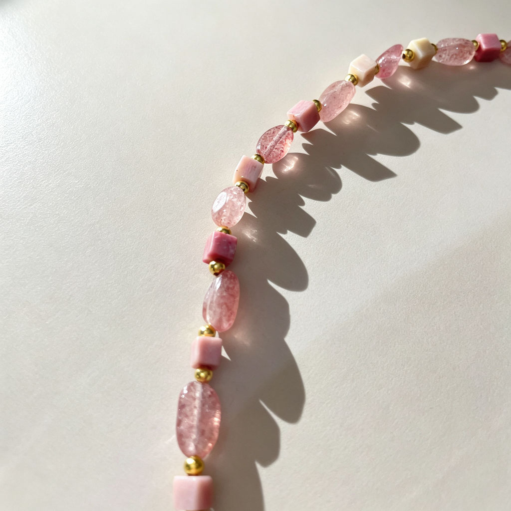 Handmade Strawberry Quartz Mixed Shape Bead Choker Necklace | Pink Natural Stone Gold Spacer