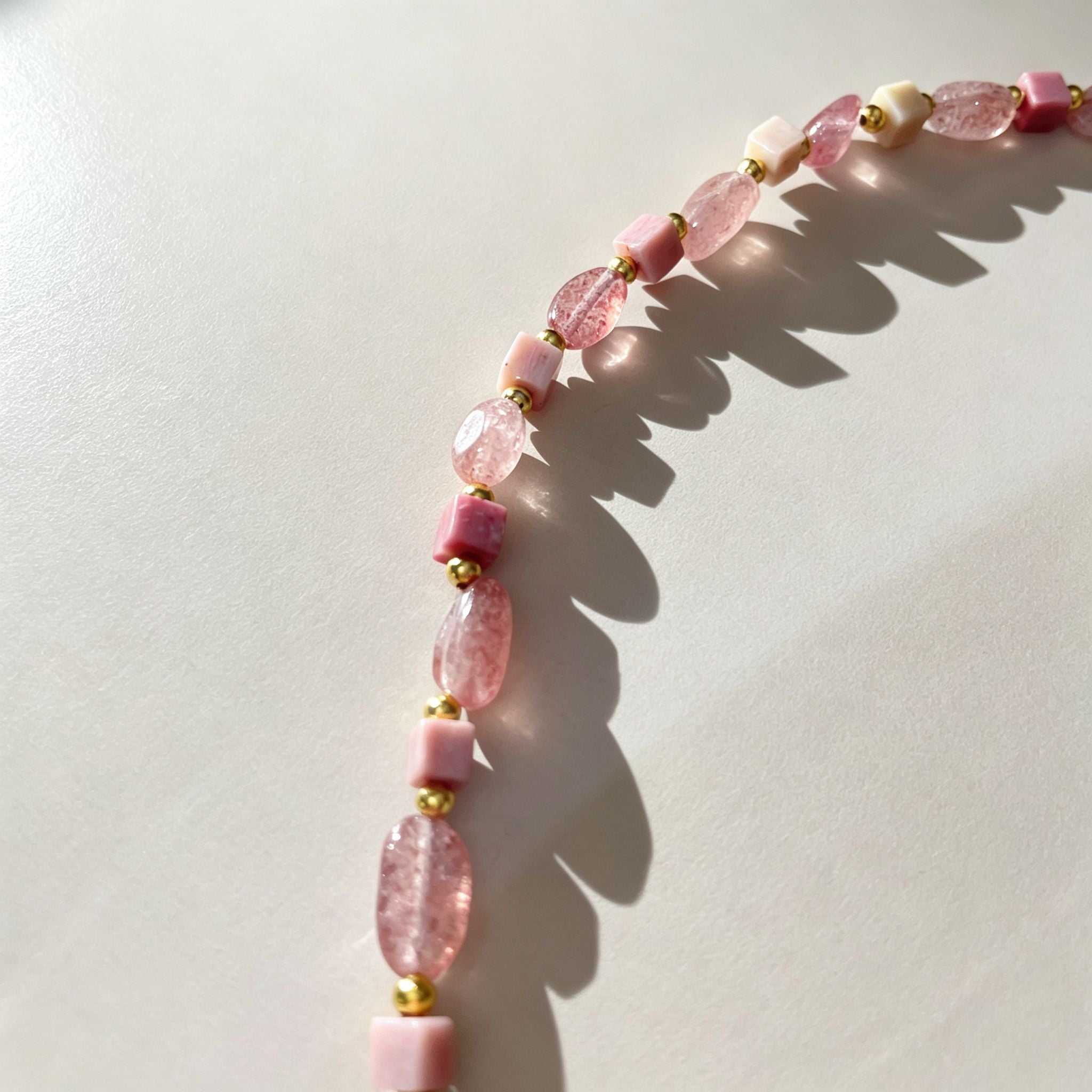 Handmade Strawberry Quartz Mixed Shape Bead Choker Necklace | Pink Natural Stone Gold Spacer