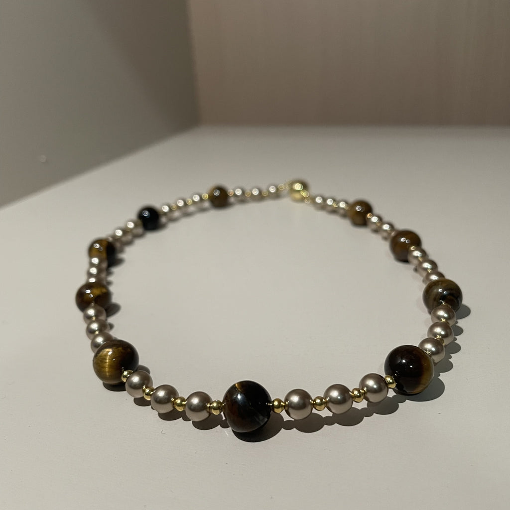 Handmade Tiger Eye & Gold Bead Choker Necklace | Natural Stone Alternating Design