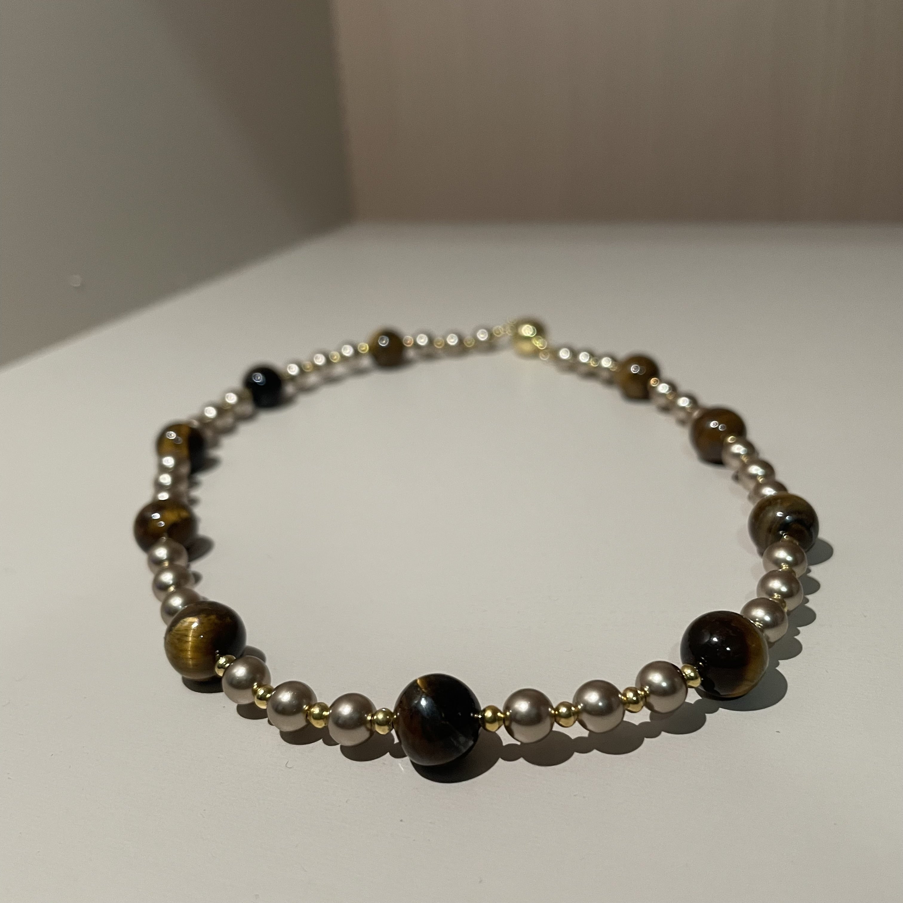 Handmade Tiger Eye & Gold Bead Choker Necklace | Natural Stone Alternating Design