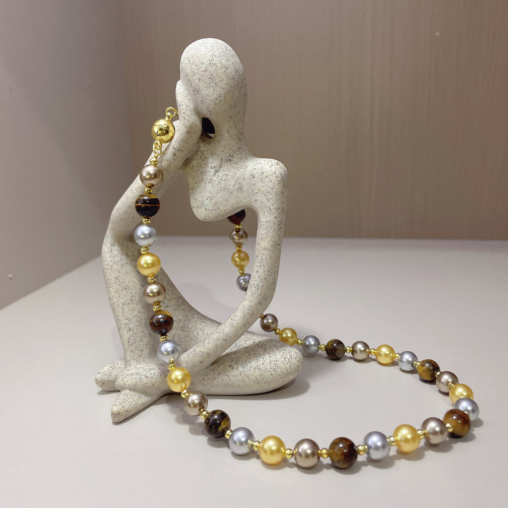 Handmade Gold Silver & Bronze Mixed Metallic Pearl Choker Necklace | Multi-Tone Luxe Beaded Collar