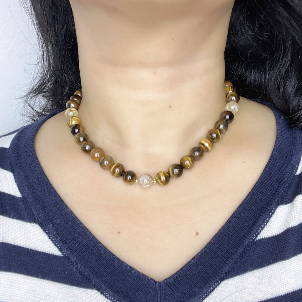 Handmade Tiger Eye Stone & Freshwater Pearl Beaded Necklace | Gold Brown Natural Stone Silver Spacer