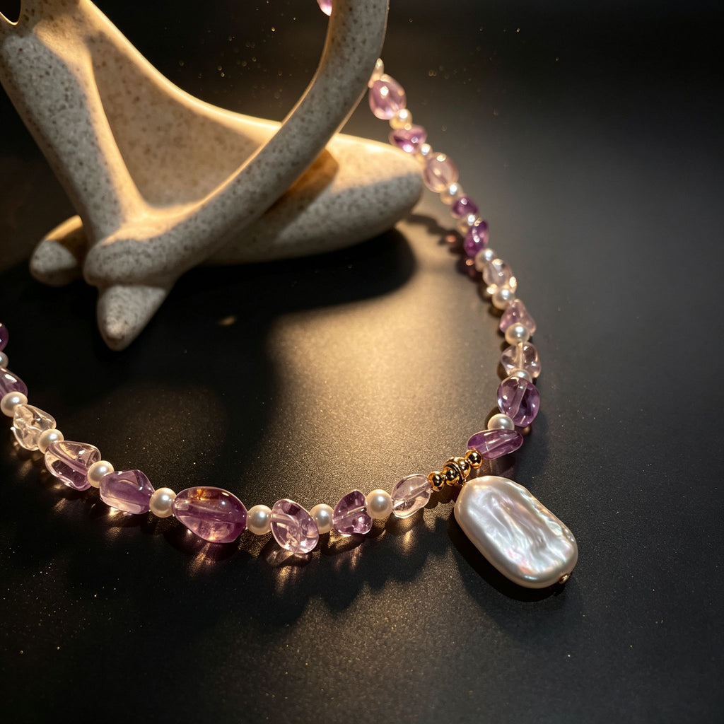Handmade Amethyst & Citrine Crystal Baroque Pearl Beaded Necklace | Purple Yellow Natural Stone Luxe