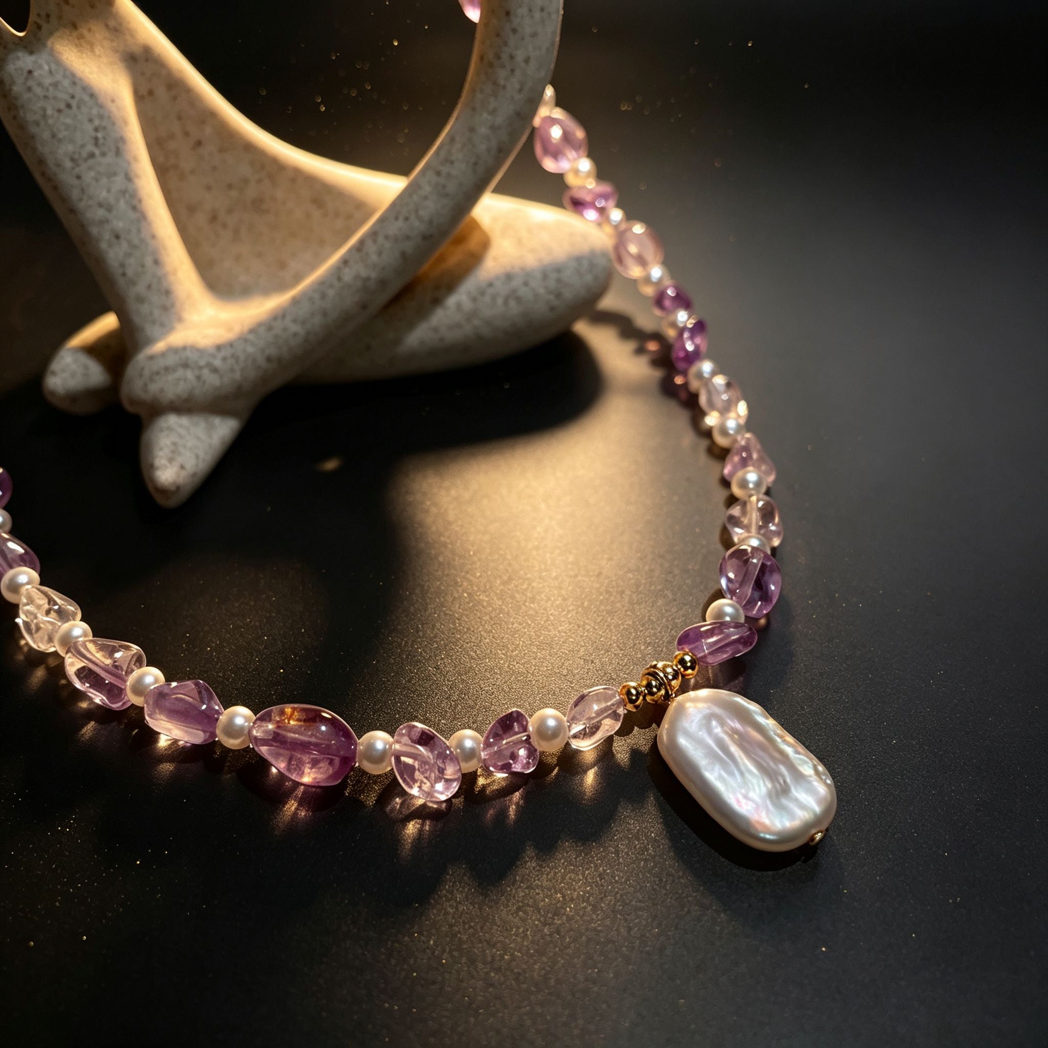 Handmade Amethyst & Citrine Crystal Baroque Pearl Beaded Necklace | Purple Yellow Natural Stone Luxe