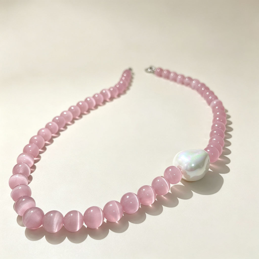Handmade Pink Cat Eye Stone Bead Choker Necklace | Baroque Pearl Accent