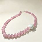 Handmade Pink Cat Eye Stone Bead Choker Necklace | Baroque Pearl Accent