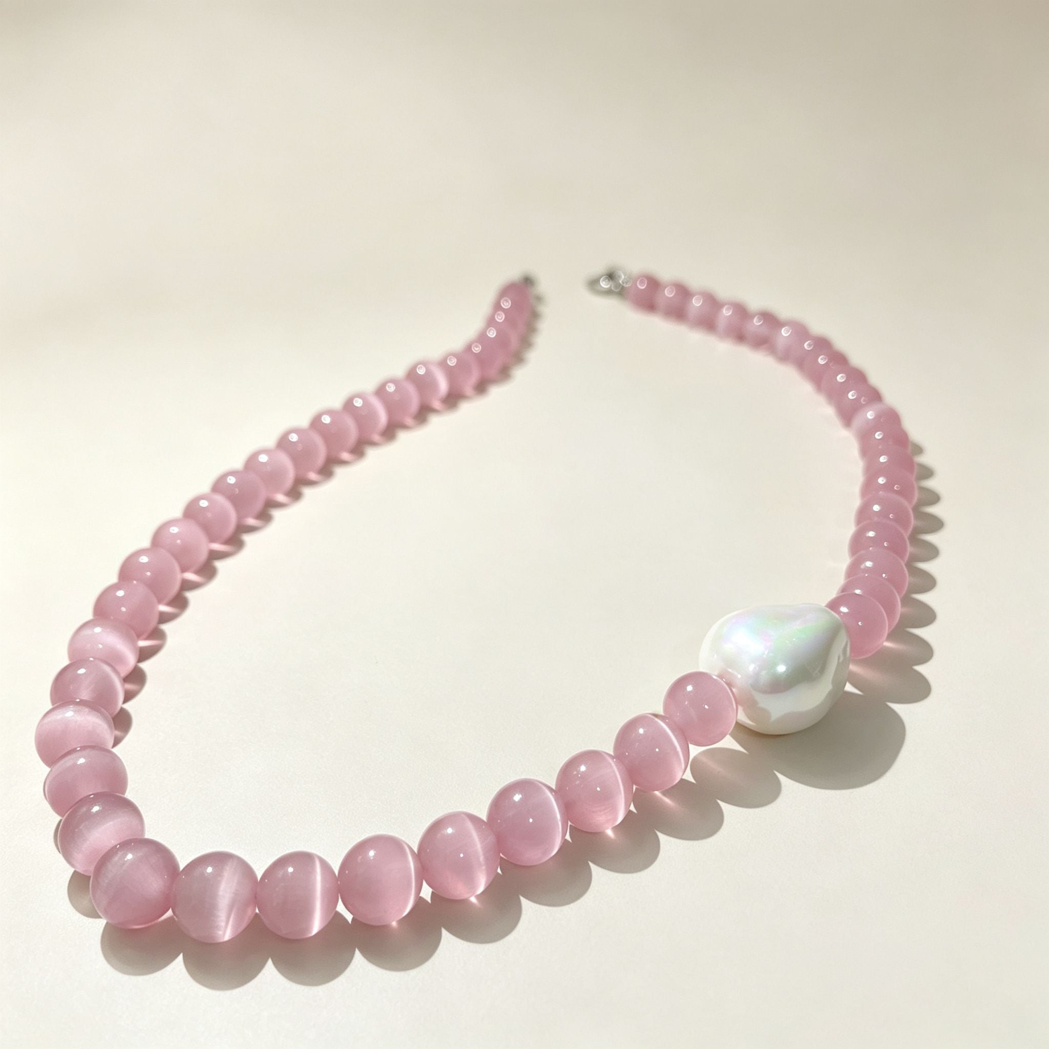 Handmade Pink Cat Eye Stone Bead Choker Necklace | Baroque Pearl Accent