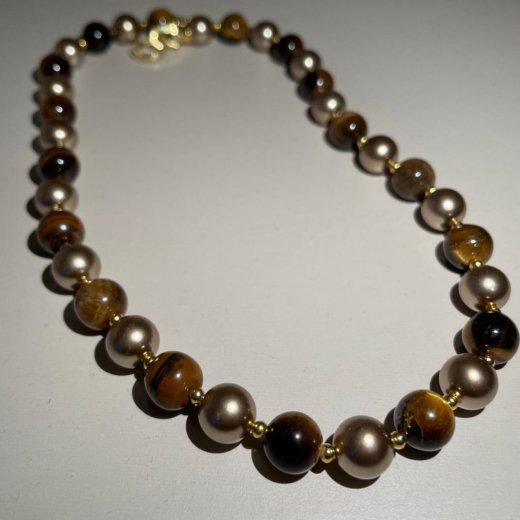 Handmade Tiger Eye Stone & Freshwater Pearl Choker Necklace | Gold Spacer Natural Gemstone Luxe Collar